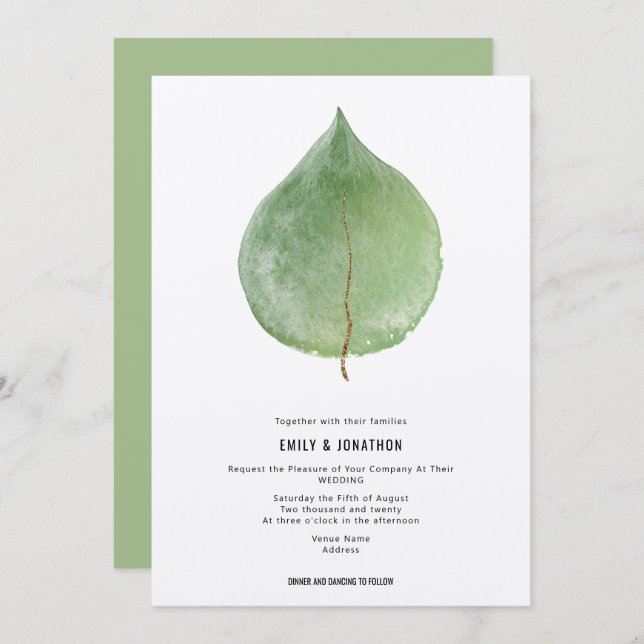 Invitación Boda de hoja de eucalipto verde simplista (Anverso / Reverso)