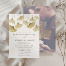 Boda de hoja de Ginkgo con acuarela dorada moderna