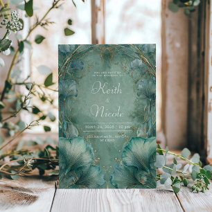 Invitación Boda de Hoja de Ginkgo en Oro Seafoam Art Nouveau