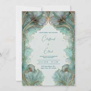 Invitación Boda de Hoja de Ginkgo Teal Dorado Art Nouveau