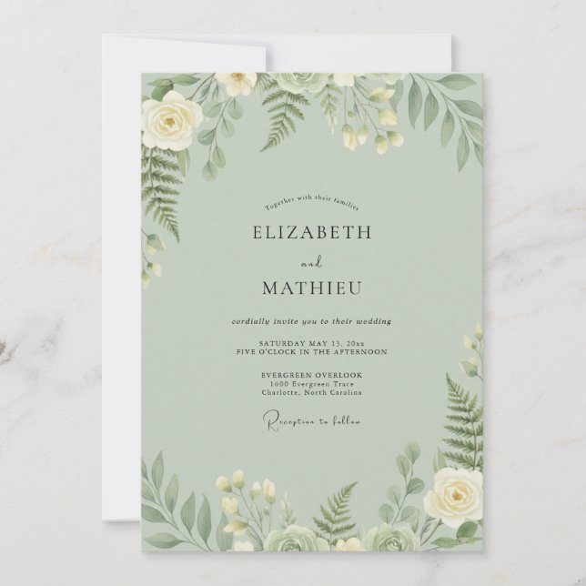 Invitación Boda de hoja de helecho Celadon (Anverso)
