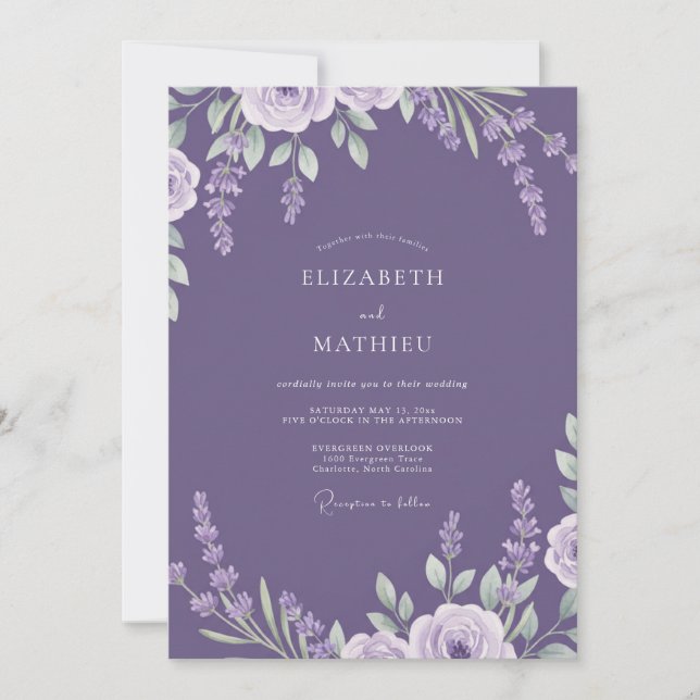 Invitación Boda de hoja de lavanda amatista (Anverso)