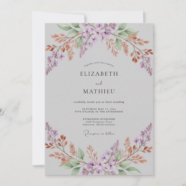 Invitación Boda de Hoja de Lila Plateada (Anverso)