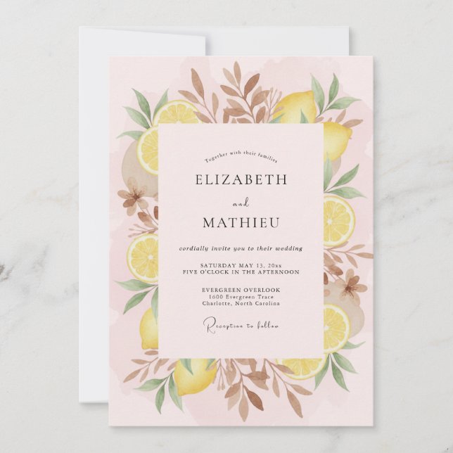 Invitación Boda de Hoja de Limón Rosa (Anverso)