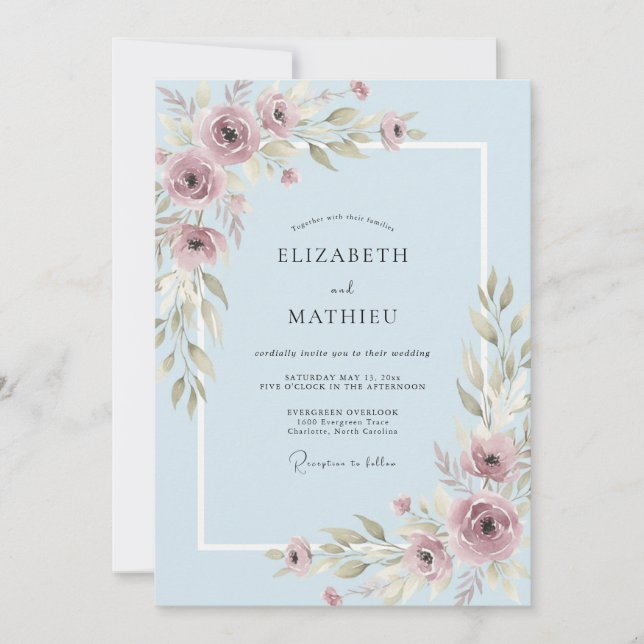 Invitación Boda de hoja de malva azul en polvo (Anverso)