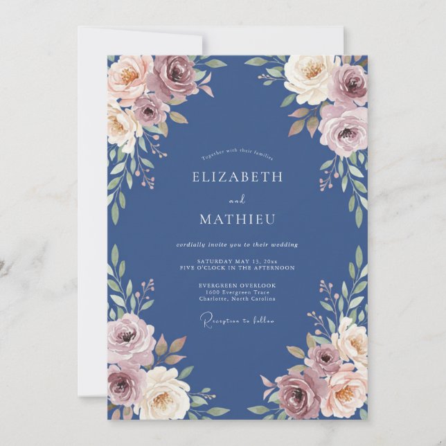 Invitación Boda de hoja de malva y aciano (Anverso)