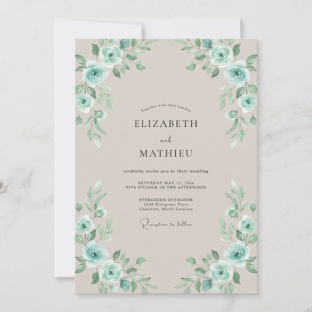 Invitación Boda de hoja de mar de aqua dorada (Anverso)