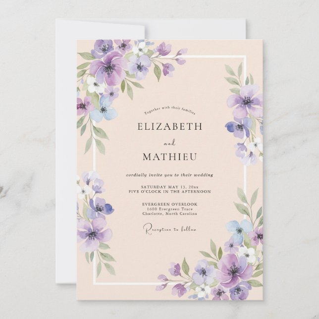 Invitación Boda de hoja de melocotón lavanda (Anverso)