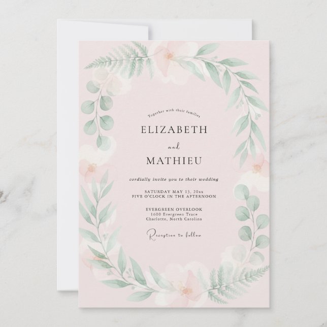 Invitación Boda de hoja de menta rosa rubor (Anverso)