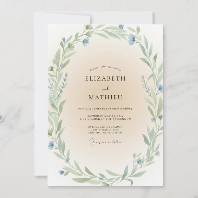 Invitación Boda de hoja de menta y aciano (Anverso)