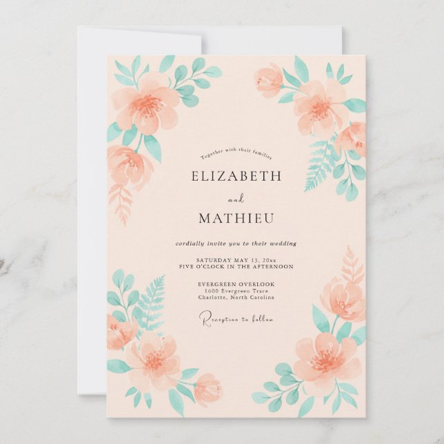 Invitación Boda de hoja de menta y melocotón sonrosado (Anverso)
