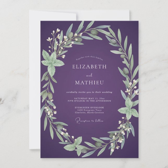 Invitación Boda de hoja de olivo ciruela (Anverso)