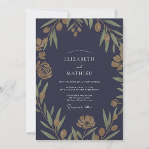Invitación Boda de hoja de olivo de medianoche boho