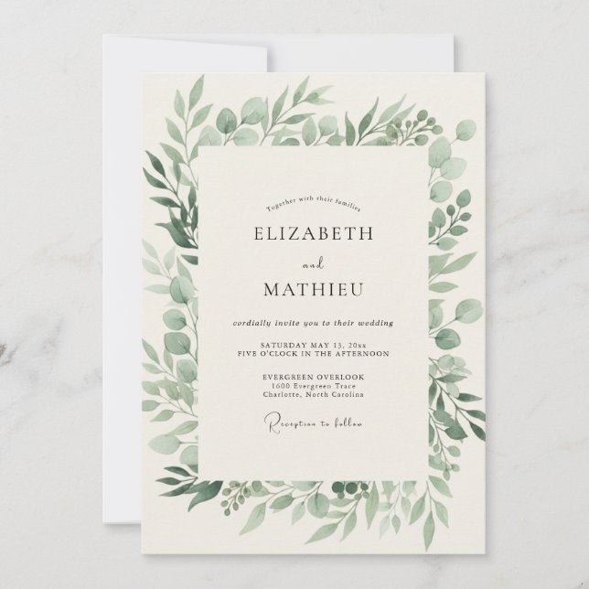 Invitación Boda de hoja de olivo pálido (Anverso)