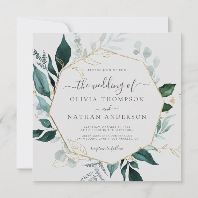 Invitación Boda de hoja de oro de Emerald Grey Square (Anverso)