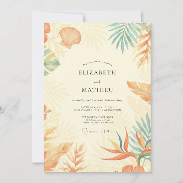 Invitación Boda de hoja de palma de coral (Anverso)