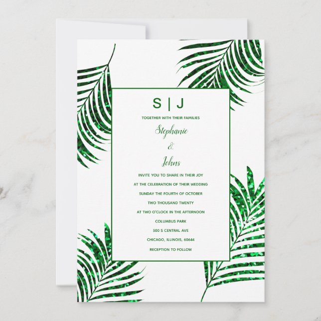 Invitación Boda de hoja de palma tropical Purpurina verde esm (Anverso)