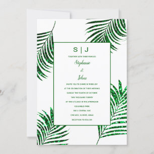 Invitación Boda de hoja de palma tropical Purpurina verde esm
