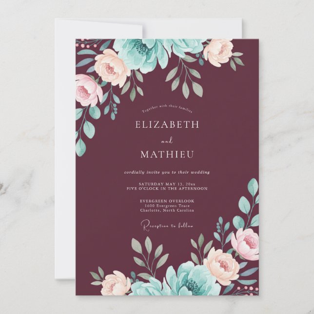 Invitación Boda de Hoja de Peonía Ciruela (Anverso)