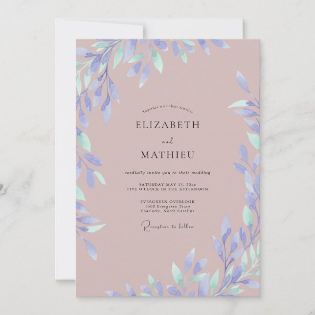 Invitación Boda de hoja de periwinkle malva polvorienta (Anverso)