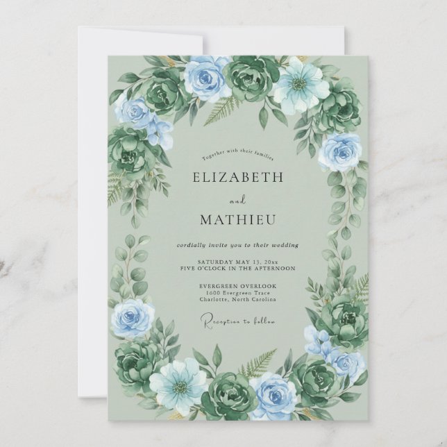 Invitación Boda de hoja de pervinca celadón (Anverso)