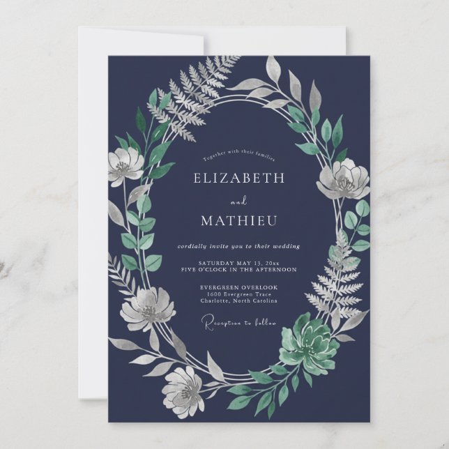 Invitación Boda de hoja de plata de medianoche (Anverso)