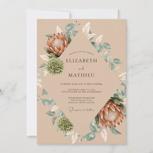 Invitación Boda de hoja de protea bronceada (Anverso)