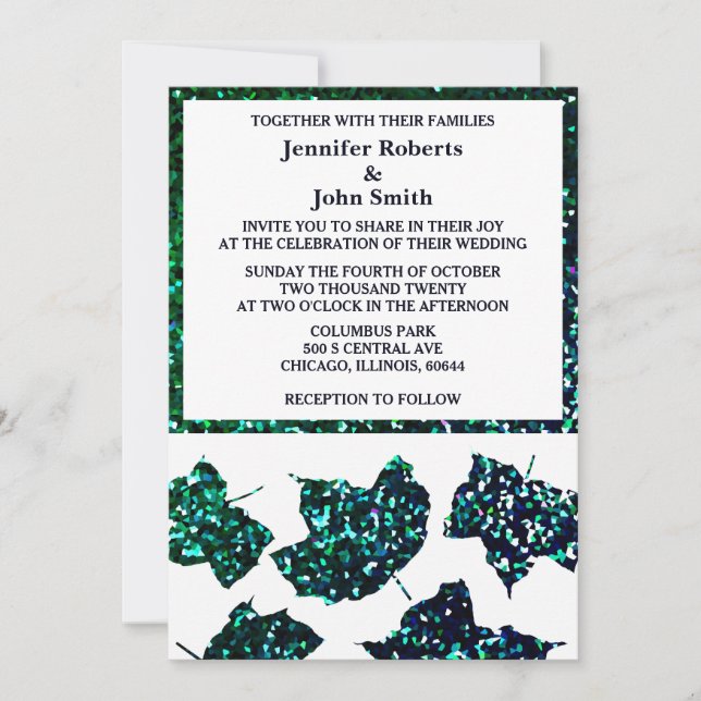 Invitación Boda de hoja de Purpurina de ocmbre azul verde esm (Anverso)