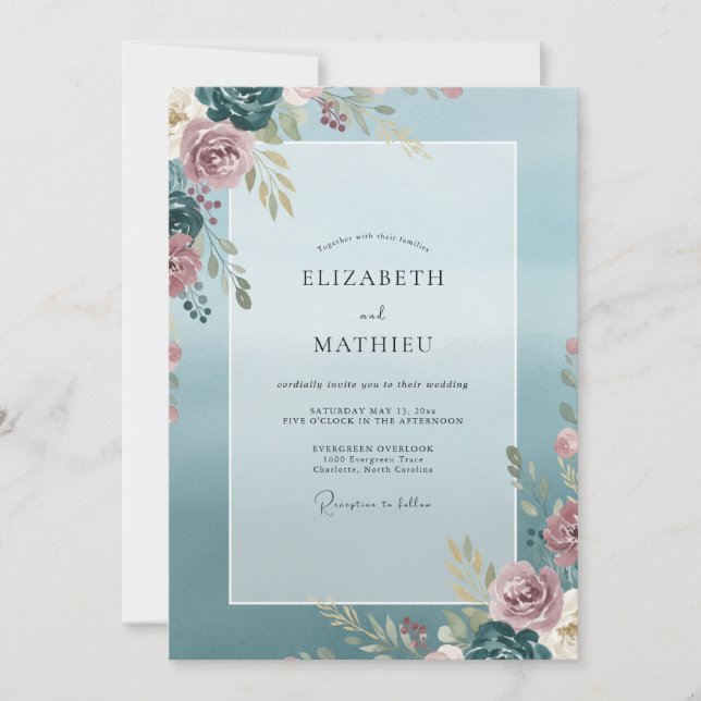 Invitación Boda de hoja de rosa de acero (Anverso)