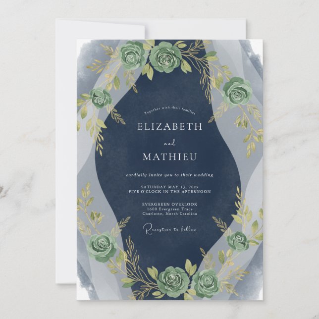 Invitación Boda de Hoja de Salvia Índigo (Anverso)