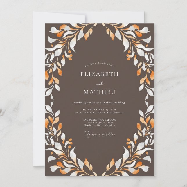 Invitación Boda de hoja de taupe ámbar (Anverso)