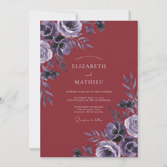 Invitación Boda de hoja de violeta rojo profundo (Anverso)