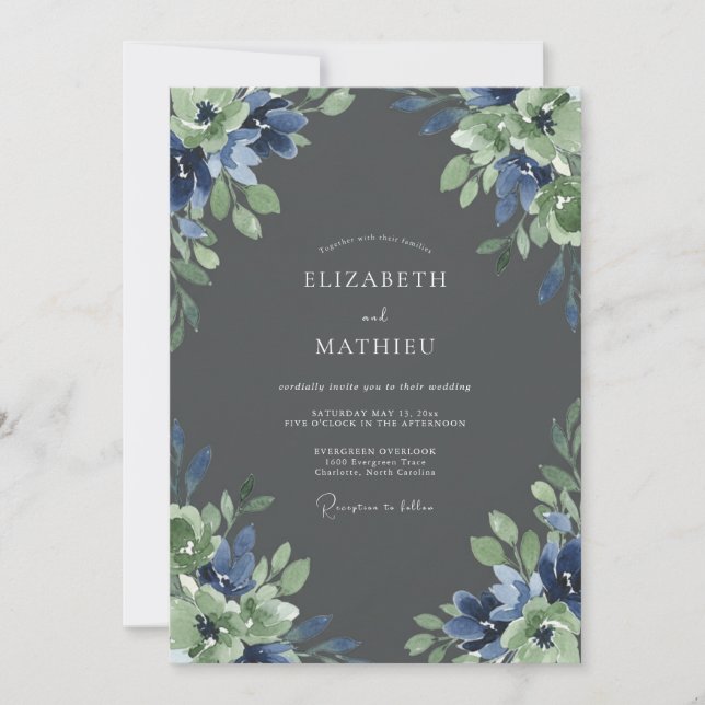 Invitación Boda de hoja de zafiro de carbón (Anverso)
