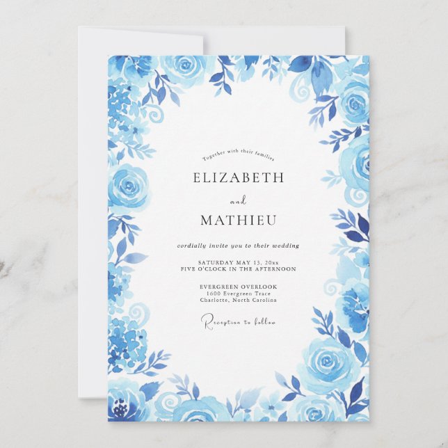Invitación Boda de hoja de zafiro y aciano (Anverso)