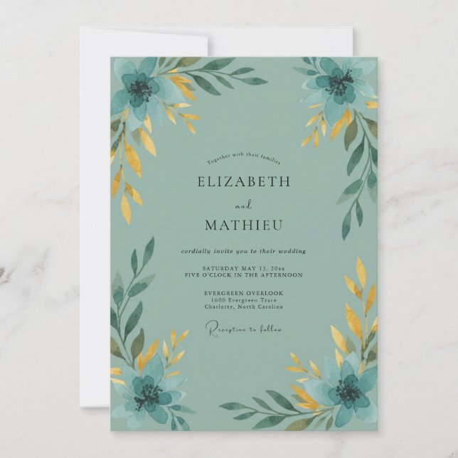 Invitación Boda de hoja dorada acuática (Anverso)