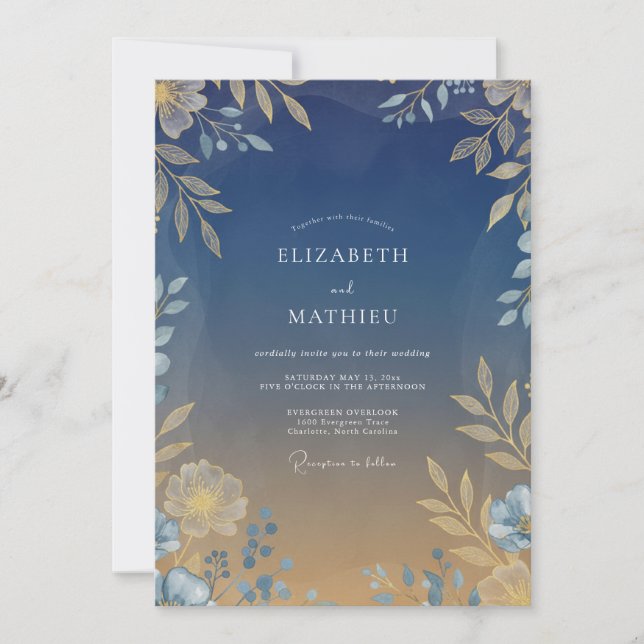 Invitación Boda de hoja dorada cálida de medianoche (Anverso)