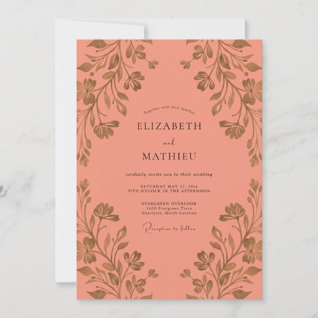 Invitación Boda de Hoja Dorada Coral (Anverso)