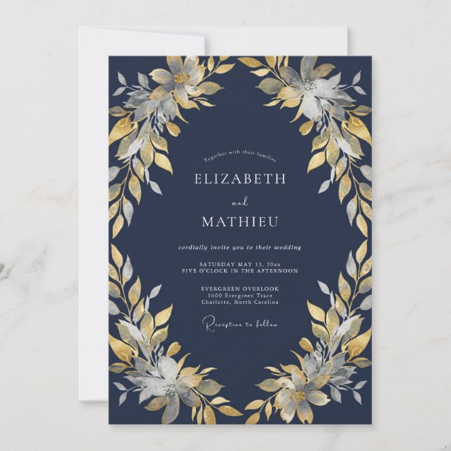 Invitación Boda de hoja dorada de medianoche (Anverso)
