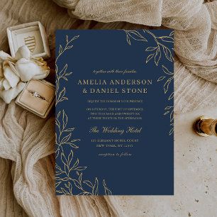 Invitación Boda de hoja elegante minimalista de oro azul de l