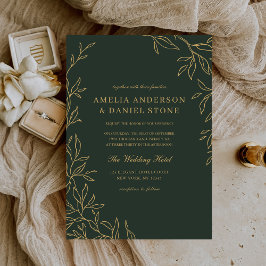 Invitación Boda de hoja elegante minimalista de oro verde
