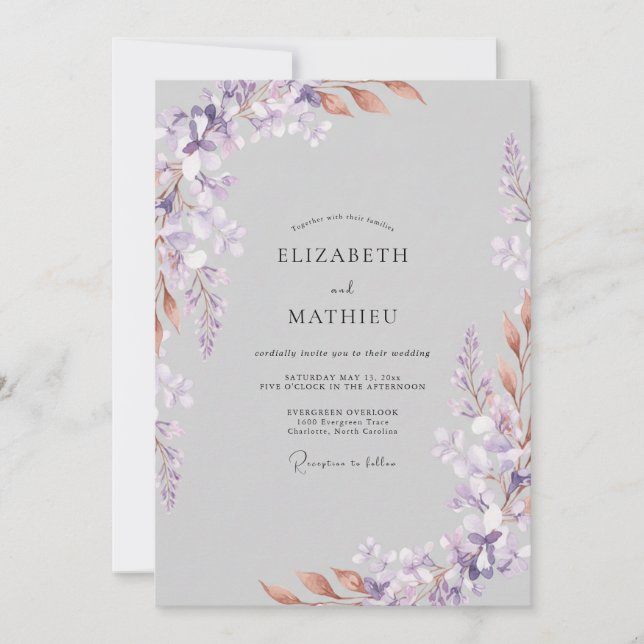 Invitación Boda de hoja gris lila silenciada (Anverso)