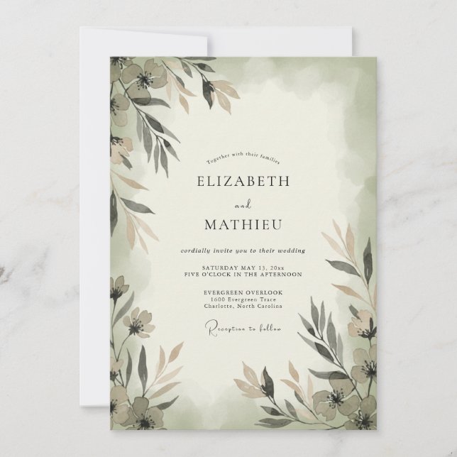 Invitación Boda de hoja gris musgo (Anverso)