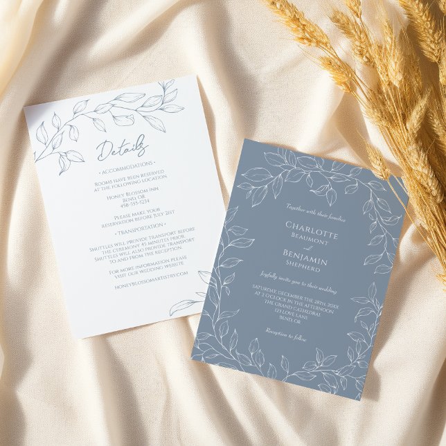 Invitación Boda de hoja mínima azul turbio detalla todo en un (Subido por el creador)