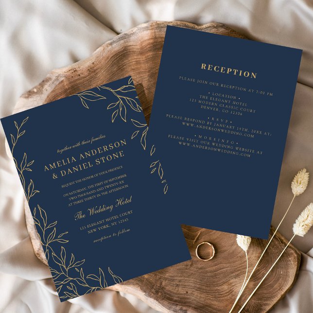 Invitación Boda de hoja mínima de oro azul de la marina todo  (Subido por el creador)