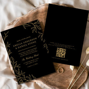 Invitación Boda de hoja mínima de oro negro moderno con códig