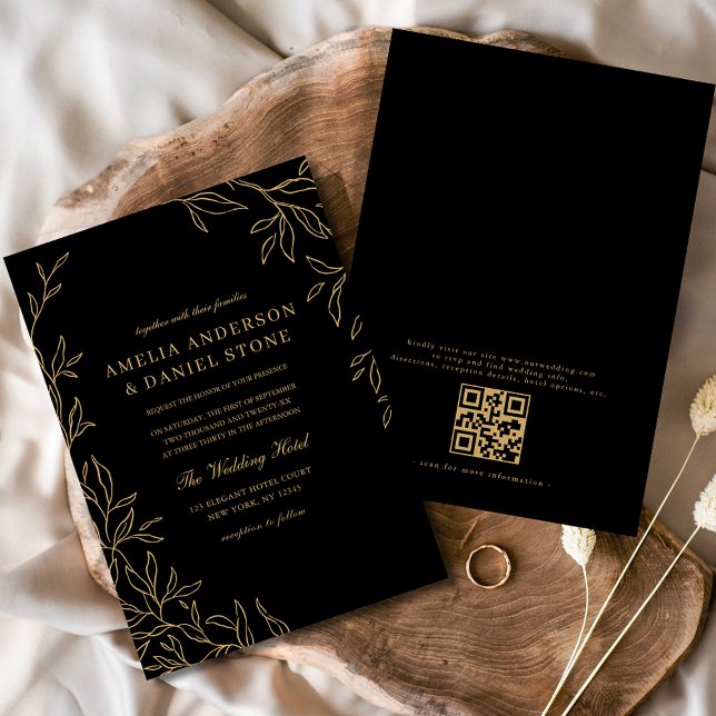 Invitación Boda de hoja mínima de oro negro moderno con códig (Subido por el creador)