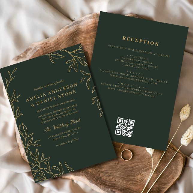 Invitación Boda de hoja mínima de oro verde de código QR (Subido por el creador)