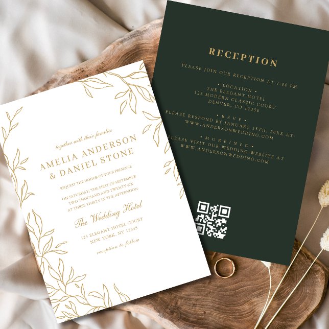 Invitación Boda de hoja mínima de oro verde de código QR (Subido por el creador)