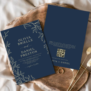 Invitación Boda de hoja mínima QR Code Navy Blue & Gold