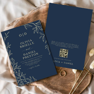 Invitación Boda de hoja mínima QR Code Navy Blue & Gold